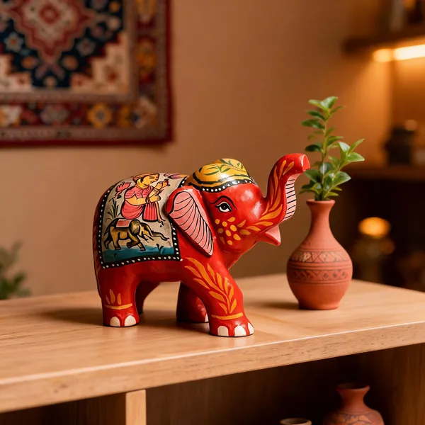 Handpainted_Wooden_Elephant_Figurine_Shikari_Art_In_Red_Traditional_Decor_Collector_S_Gift