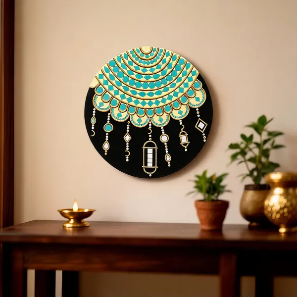 Handcrafted_Luxury_Jharokha_Archway_Lippan_Art_Wall_Hanging_16_Inch_Mdf_Base_Premium_Gold_Turquoise_Mud_Mirror_Work