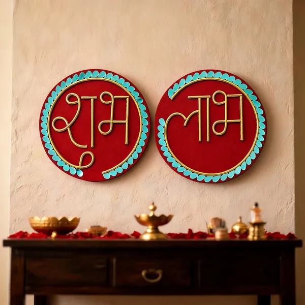 Handcrafted_Shubh_Labh_Calligraphy_Lippan_Art_Wall_Hanging_Set_8_Inch_Mdf_Base_Each_Festive_Red_Gold_Mud_Mirror_Work