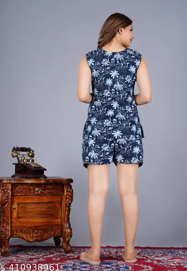 Navy_Printed_Sleeveless_Top_And_Shorts_Set_For_Women