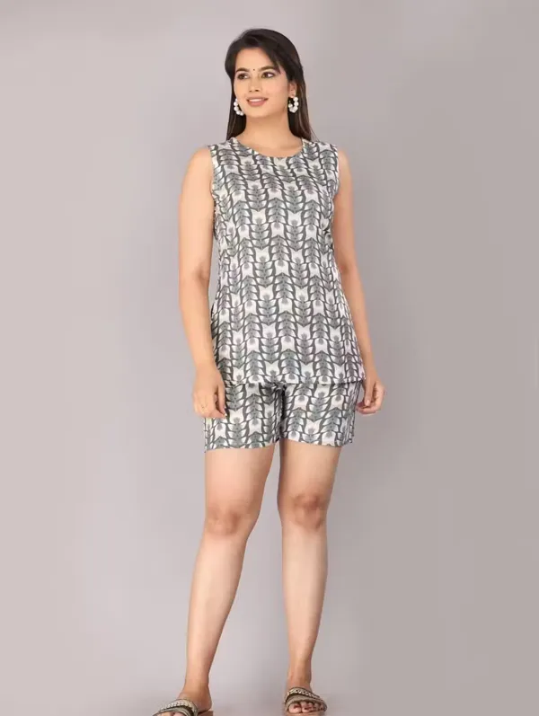 Grey_Printed_Sleeveless_Top_And_Shorts_Set_For_Women