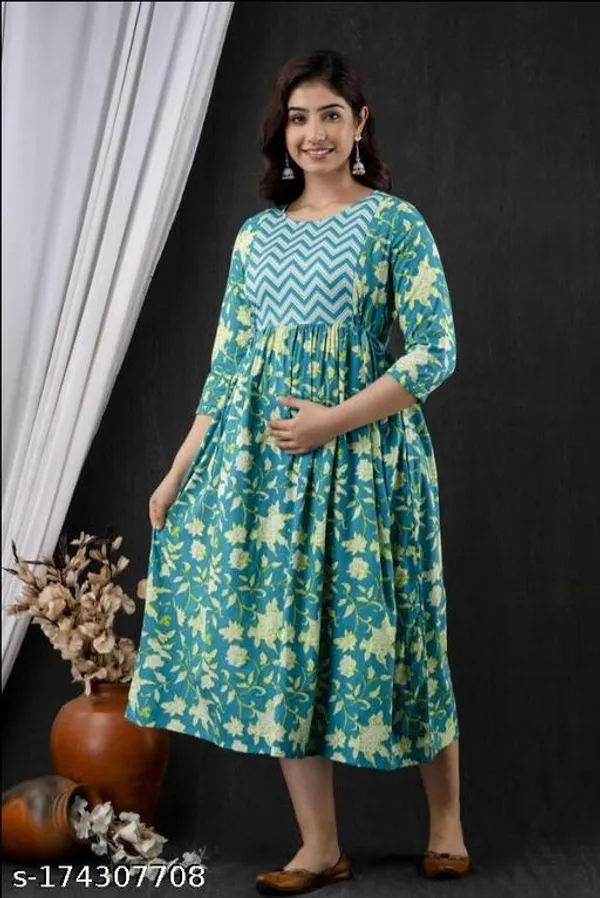 Green_Bottel_Rayon_Printed_Maternity_Gown_For_Women