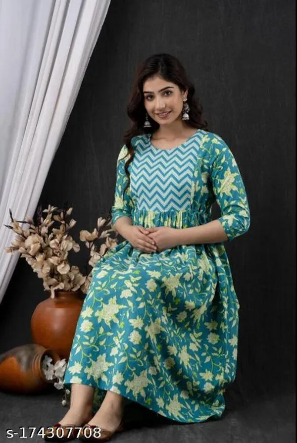 Green_Bottel_Rayon_Printed_Maternity_Gown_For_Women