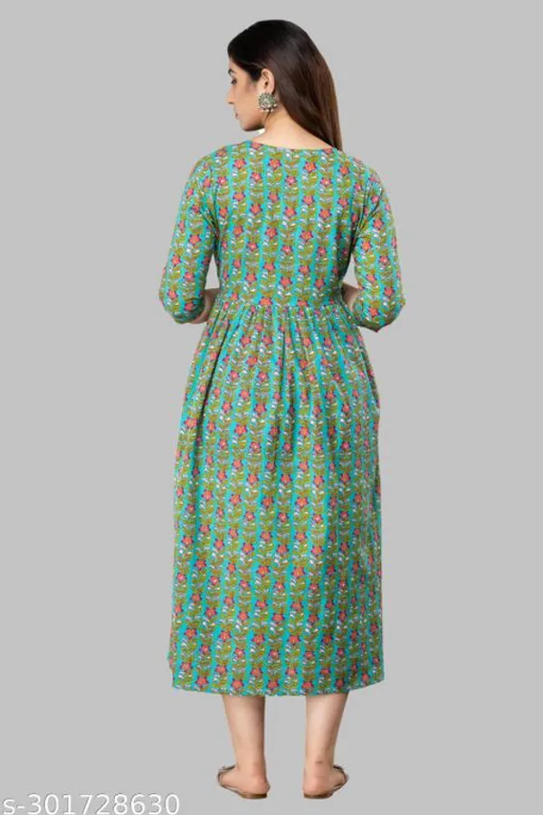 Green_Cotton_Maternity_Floral_Printed_Calf_Length_Gown_For_Women