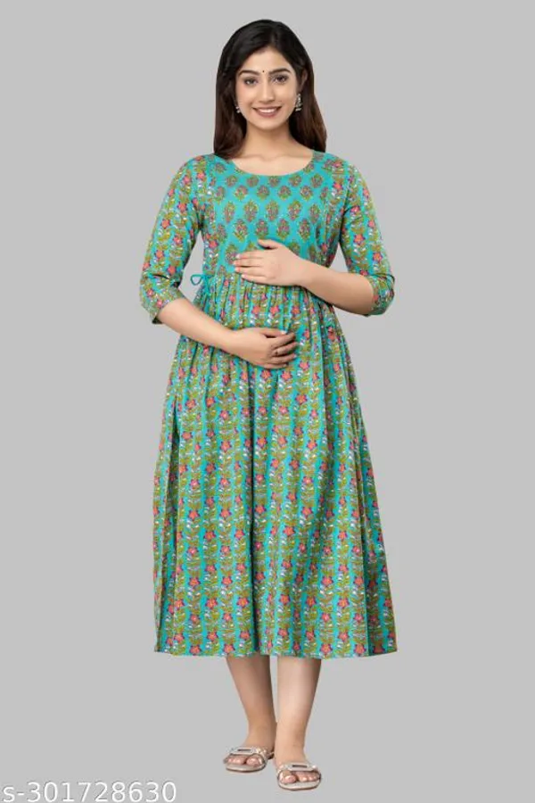 Green_Cotton_Maternity_Floral_Printed_Calf_Length_Gown_For_Women