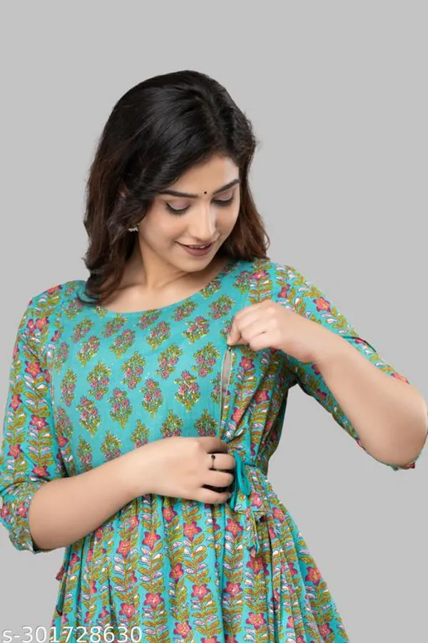 Green_Cotton_Maternity_Floral_Printed_Calf_Length_Gown_For_Women
