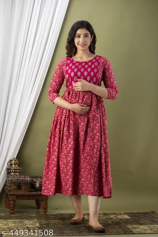 Maroon_Rayon_Maternity_Floral_Printed_Ankle_Length_Kurti_For_Women
