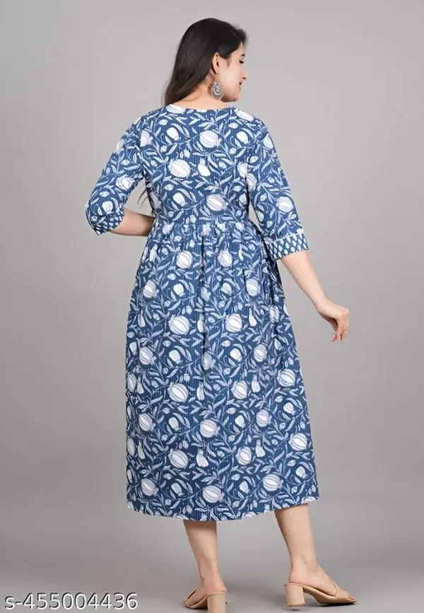 Dark_Blue_Cotton_Maternity_Ankle_Length_Printed_Dress_For_Women