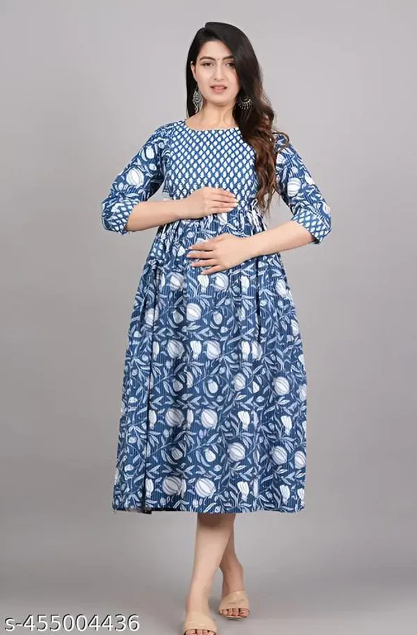 Dark_Blue_Cotton_Maternity_Ankle_Length_Printed_Dress_For_Women