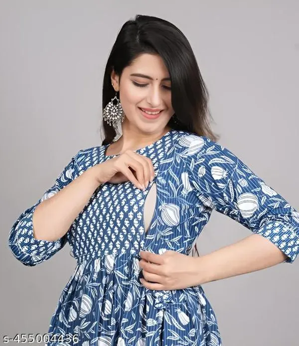Dark_Blue_Cotton_Maternity_Ankle_Length_Printed_Dress_For_Women