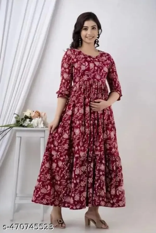 Maroon_Rayon_Maternity_Floral_Printed_Ankle_Length_Gown_For_Women