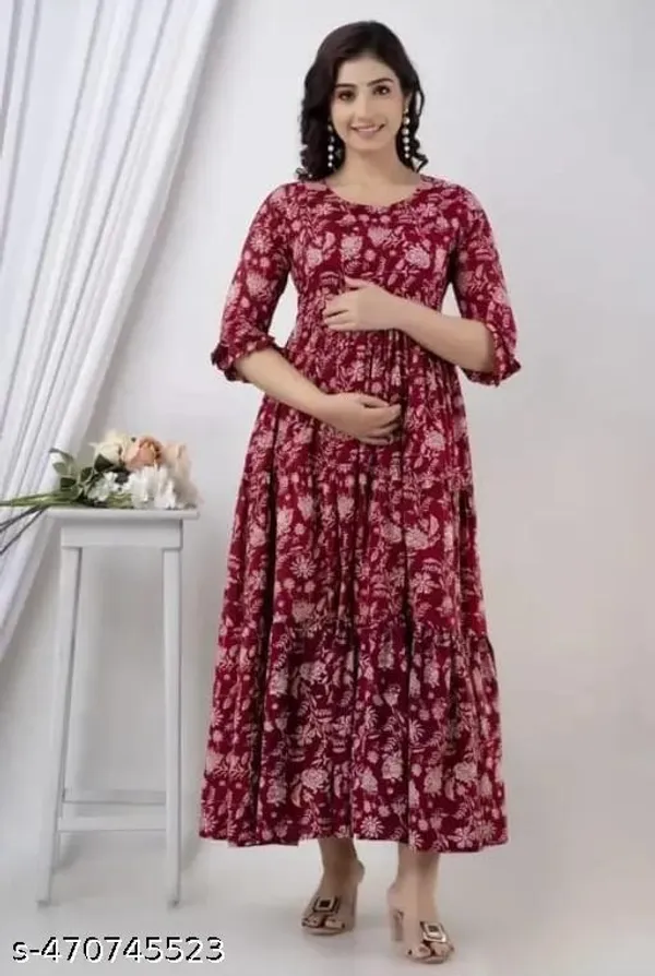 Maroon_Rayon_Maternity_Floral_Printed_Ankle_Length_Gown_For_Women