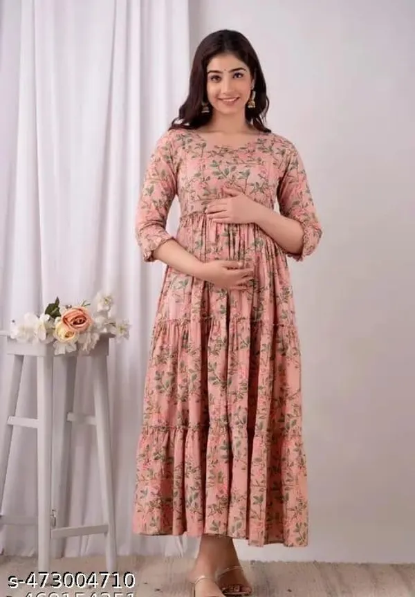 Brown_Cotton_Maternity_Printed_Ankle_Length_Gown_For_Women