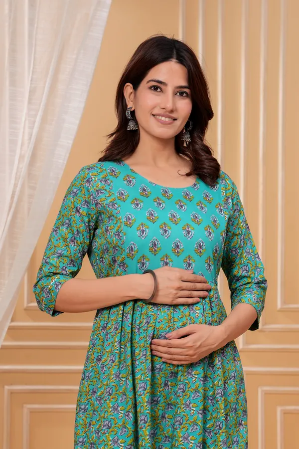 Turquoise_Floral_Print_Maternity_Dress_For_Women