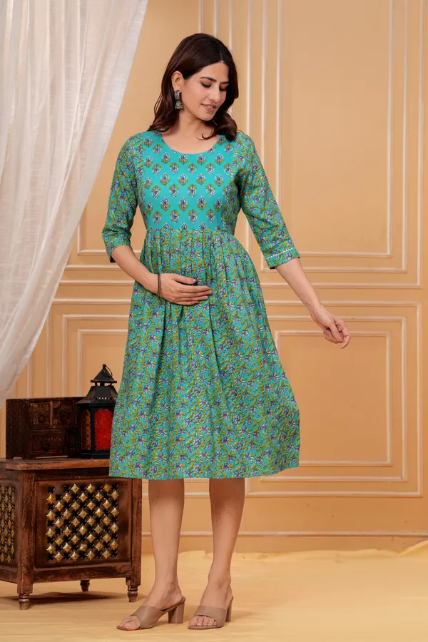 Turquoise_Floral_Print_Maternity_Dress_For_Women