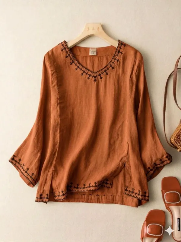 Rust_Brown_Embroidered_Flared_Sleeve_Top_for_Women