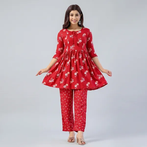 Red_Cotton_Printed_Floral_Night_Suit_For_Women