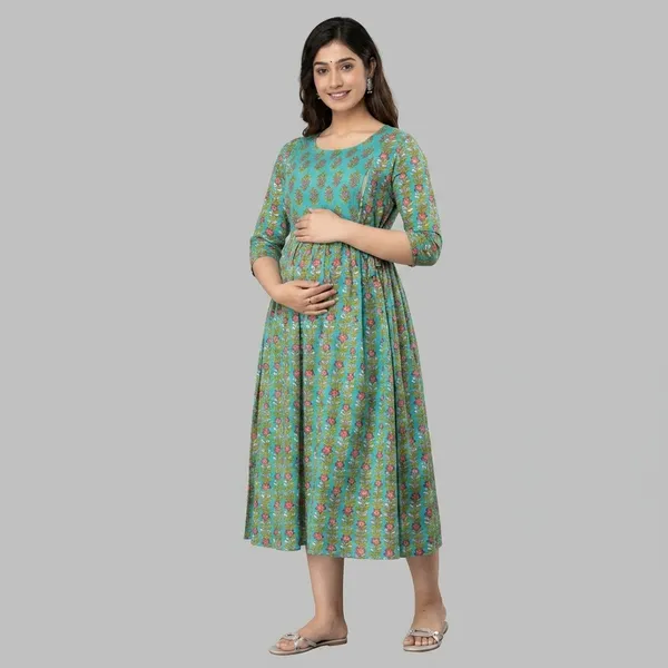 Green_Cotton_Maternity_Floral_Printed_Calf_Length_Gown_For_Women