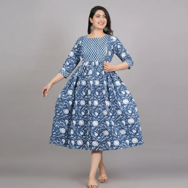 Dark_Blue_Cotton_Maternity_Ankle_Length_Printed_Dress_For_Women