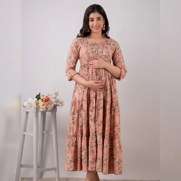 Brown_Cotton_Maternity_Printed_Ankle_Length_Gown_For_Women