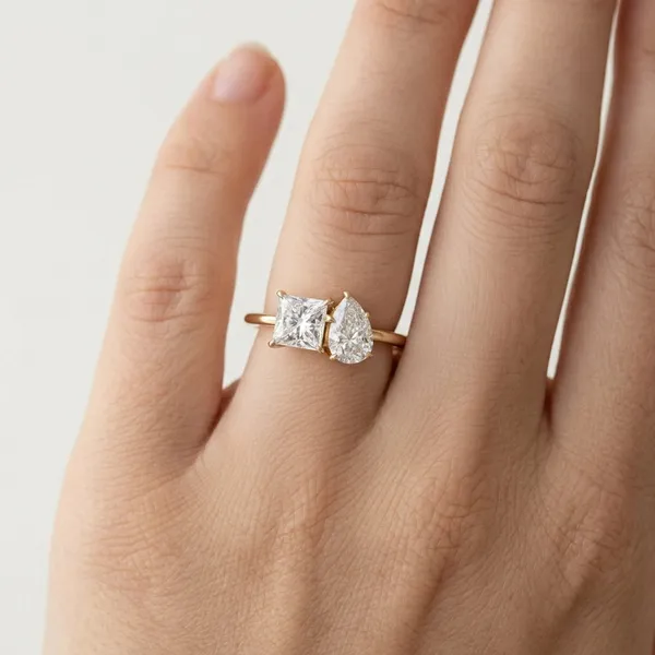 Gold_And_White_Plated_Princess_Pear_Cut_Two_Stone_Solitaire_Ring_For_Women