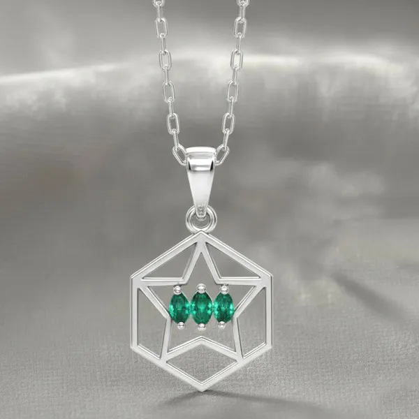 Silver_Sterling_Geometric_Star_Green_Stone_Pendant_Necklace_For_Women