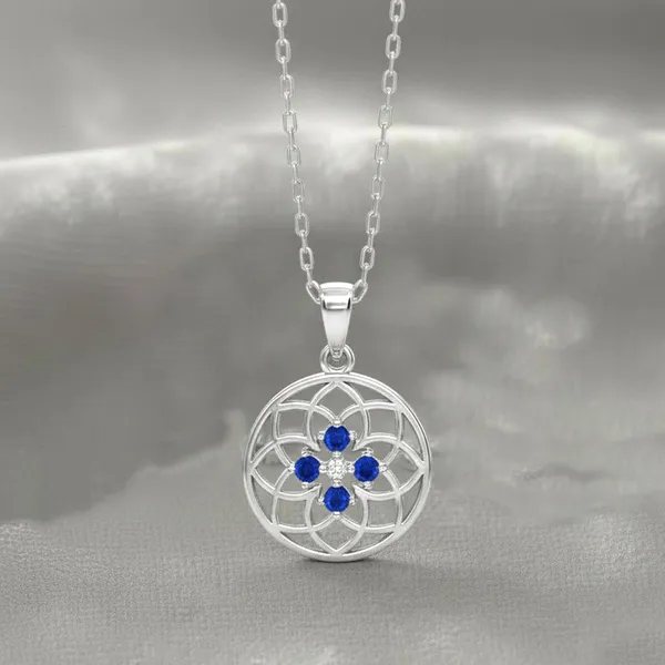 Silver_Sterling_Silver_Geometric_Floral_Blue_Stone_Pendant_Necklace_For_Women