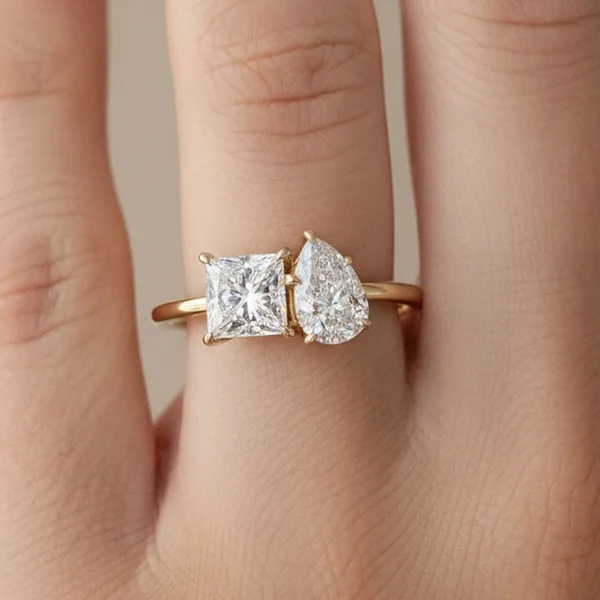 Gold_And_White_Plated_Princess_Pear_Cut_Two_Stone_Solitaire_Ring_For_Women