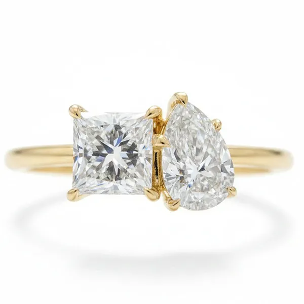 Gold_And_White_Plated_Princess_Pear_Cut_Two_Stone_Solitaire_Ring_For_Women