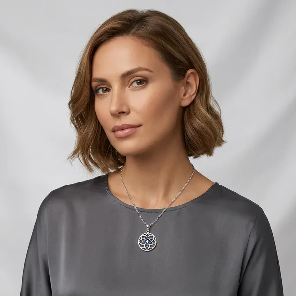 Silver_Sterling_Silver_Geometric_Floral_Blue_Stone_Pendant_Necklace_For_Women