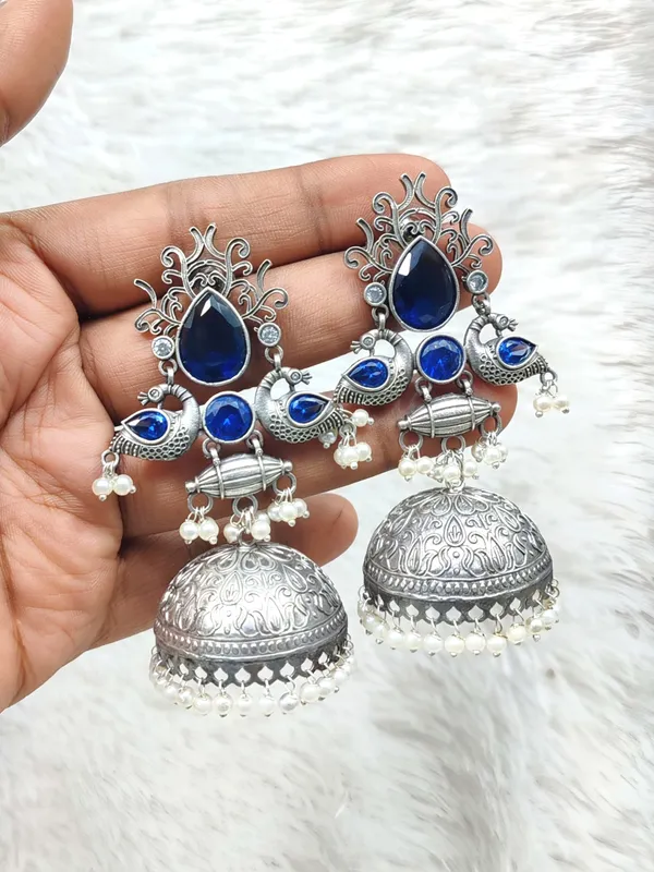 Blue_Silver_Oxidized_Brass_Peacock_Stone_Jhumka_Earrings_For_Women