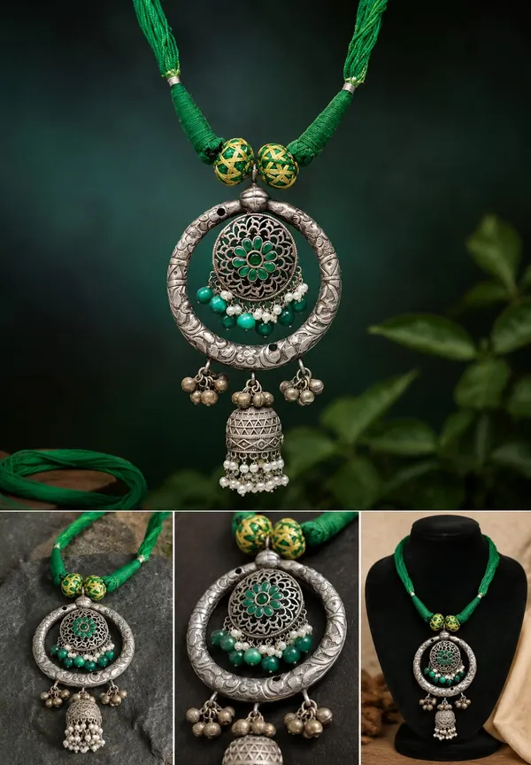 Green_Oxidized_Silver_Brass_Chandbali_Jhumki_Pendant_Necklace_For_Women