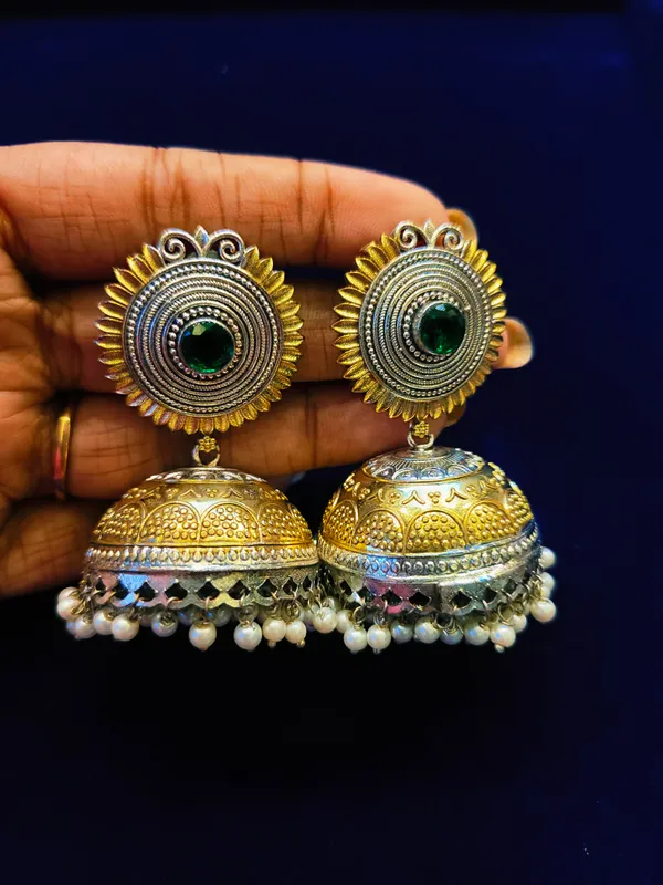 Golden_Oxidized_Brass_Green_Stone_Sunflower_Jhumka_Earrings_For_Women