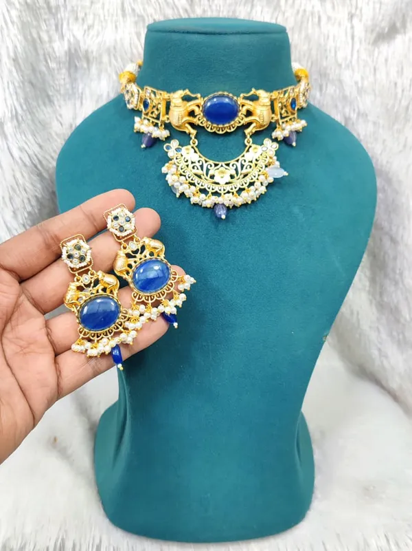 Blue_Golden_Brass_Kundan_Choker_Necklace_Earrings_Set_For_Women