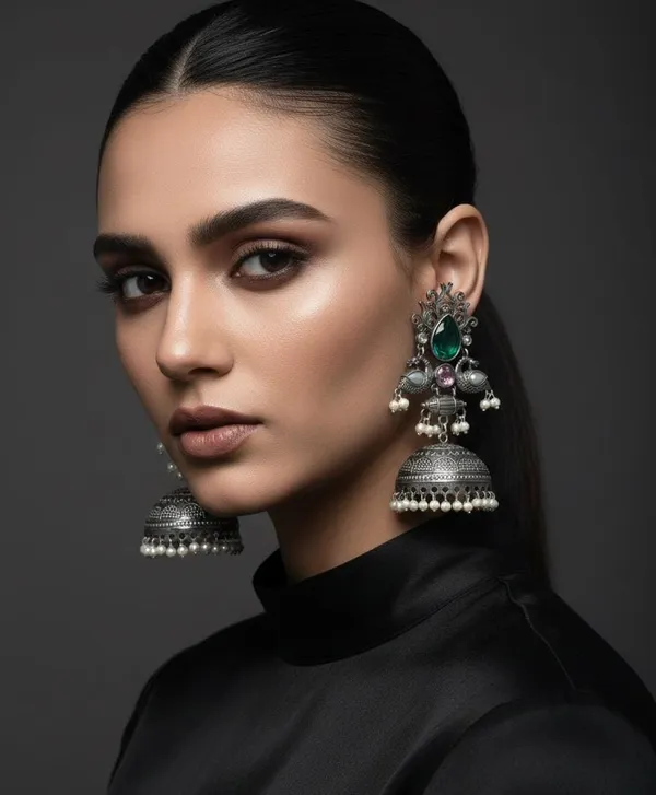 Silver_Oxidized_Brass_Peacock_Green_Stone_Jhumka_Earrings_For_Women