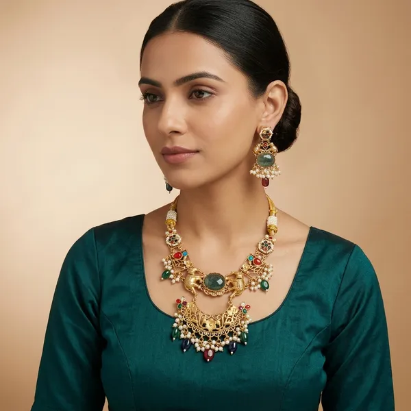Multicolor_Gold_Toned_Brass_Elephant_Kundan_Pendant_Necklace_Set_For_Women
