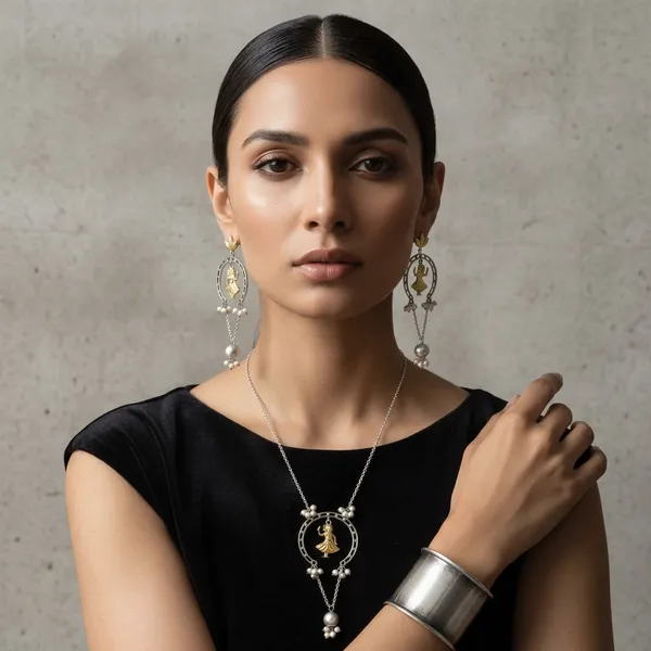 Silver_Golden_Dual_Tone_Brass_Dancing_Doll_Pendant_Necklace_Set_For_Women