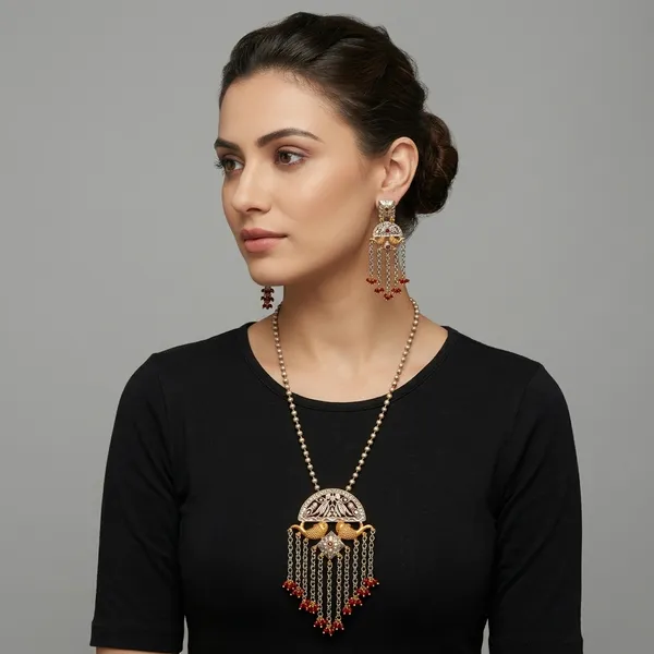 Yellow_Gold_Toned_Brass_Peacock_Chain_Pendant_Necklace_Set_For_Women