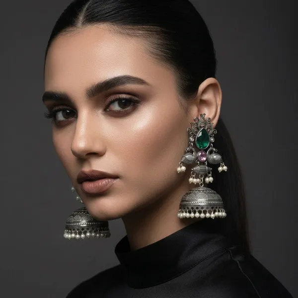 Silver_Oxidized_Brass_Peacock_Green_Stone_Jhumka_Earrings_For_Women
