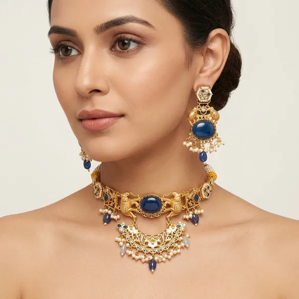 Blue_Golden_Brass_Kundan_Choker_Necklace_Earrings_Set_For_Women