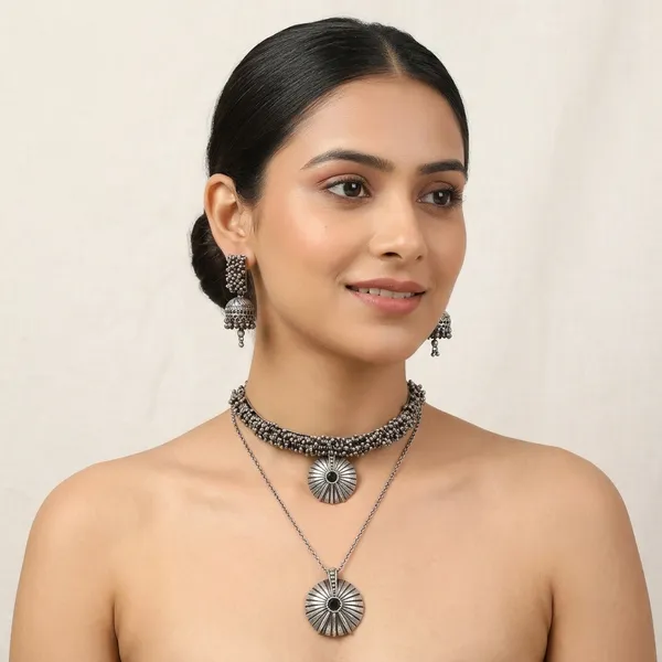 Silver_Oxidized_Brass_Layered_Choker_Necklace_Jhumka_Earrings_Set_For_Women