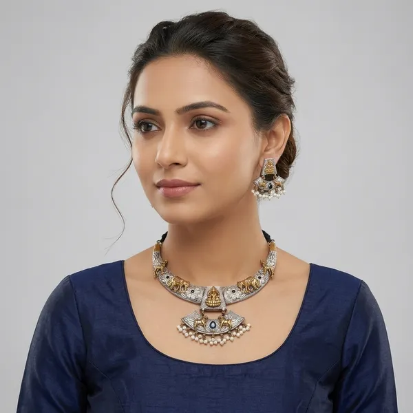 Golden_Oxidized_Brass_Temple_Goddess_Lakshmi_Necklace_Set_For_Women