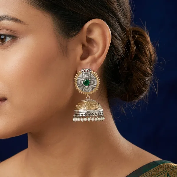 Golden_Oxidized_Brass_Green_Stone_Sunflower_Jhumka_Earrings_For_Women
