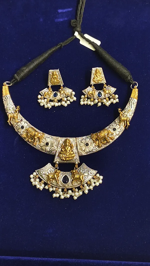 Golden_Oxidized_Brass_Temple_Goddess_Lakshmi_Necklace_Set_For_Women
