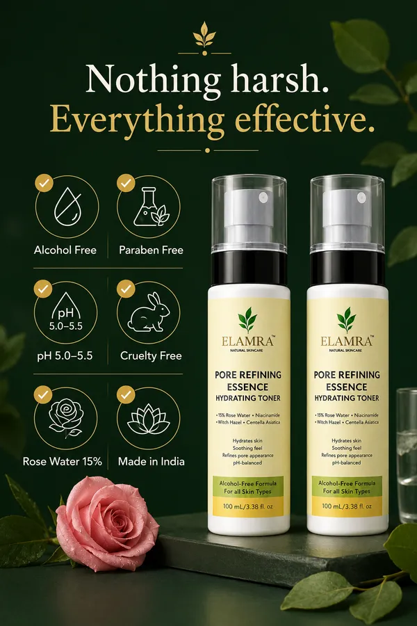 ELAMRA_Pore_Refining_Essence_Hydrating_Toner_Pack_of_2_|_2-Month_Supply_|_15%_Rose_Water_+_2%_Niacinamide_+_Witch_Hazel_+_Dual_Hyaluronic_Acid_|_Alcohol-Free_Pore_Control_&_Hydration_|_100ml_×_2