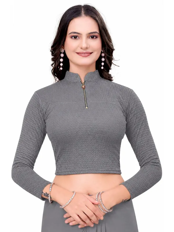 Dark_Grey_Cotton_Blend_Blouse_For_Women