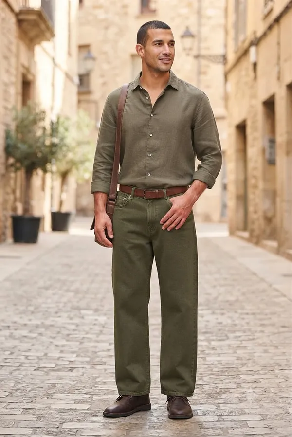 Men's_Olive_Green_Wide-Leg_Denim_Jeans