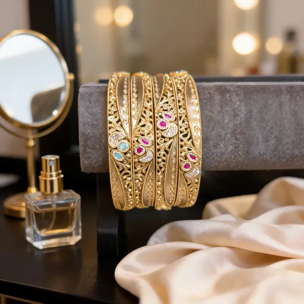 Gold-Tone_4-Piece_Floral_Jaali_Bangle_Set_with_CZ_&_Color_Accents