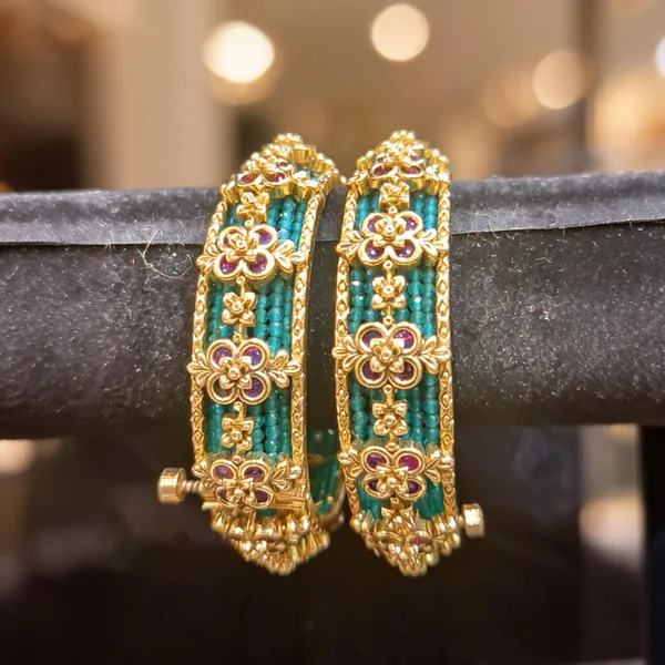 Gold-Tone_Floral_Beaded_Kada_Bangles_with_Turquoise_&_Ruby_Accents