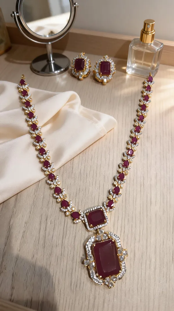 Regal_Emerald-Cut_Ruby_and_American_Diamond_Statement_Pendant_Set